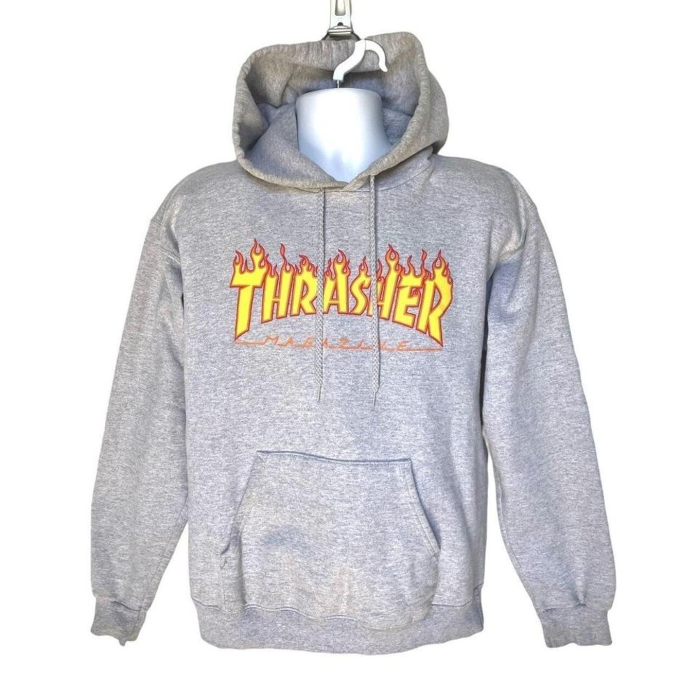 Thrasher Flame Logo Hoodie Gray Mens Small Skate Streetwear Pullover